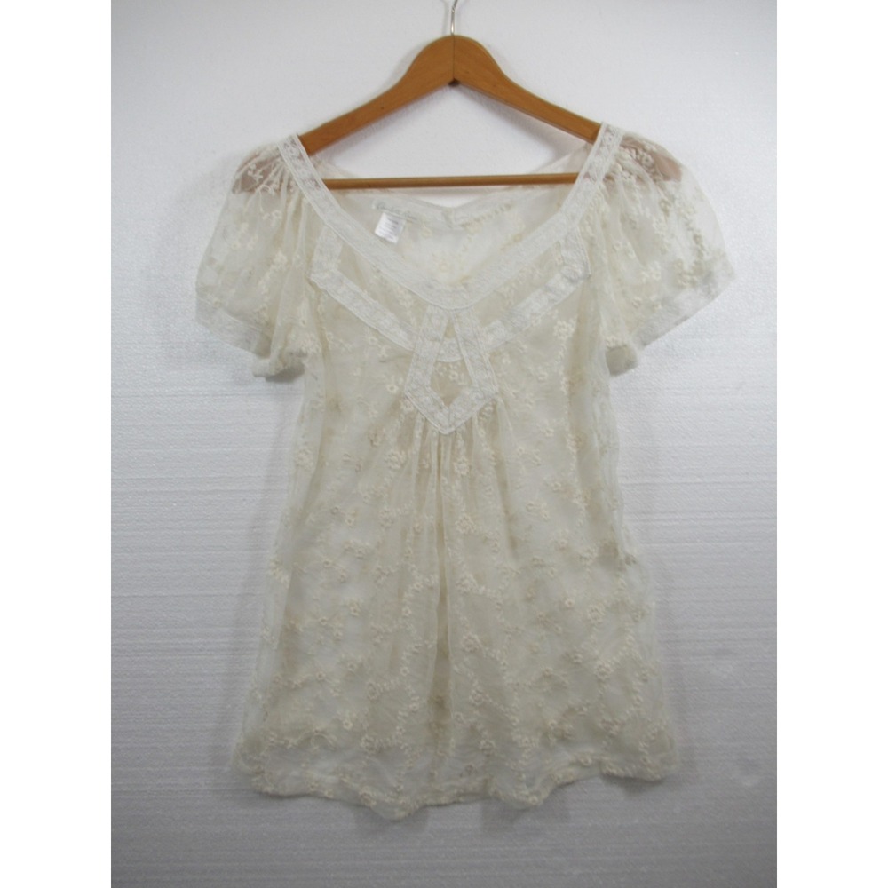 Charlotte Russe Embroidered Mesh Babydoll Top Junior Large Ivory Sheer